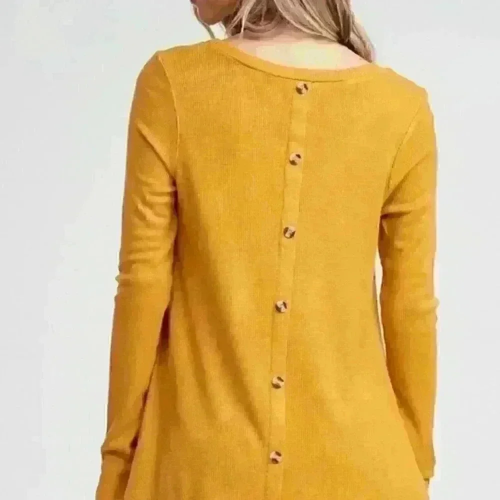 9. Mustard Thermal Top with Sequin Pocket and‎ Buttons - Picture 2 of 5